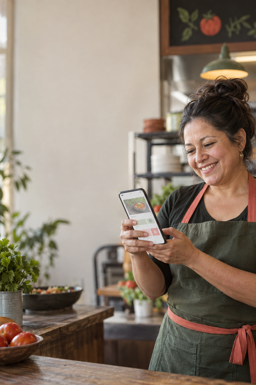 Emprendedora revisando la página de su negocio desde el teléfono